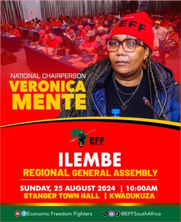 EFFSouthAfrica's tweet photo. ♦️Happening Tomorrow♦️

The EFF National Chairperson @veronica_mente will convene the Ilembe Regional General Assembly tomorrow at 10H00.

#KZNRGA https://t.co/fv0PTzXhjR