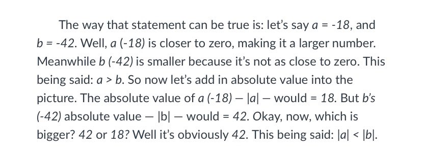 Writing in Math is a beautiful thing! It deepens understanding of a concept and helps students organize their thought process! 
Prompt: You compare two numbers, a and b. Explain how 
a>b  AND |a| < |b| can both be true statements. 
Check out these st. Responses
<a href="/SandCreekInt/">Sand Creek Intermediate</a>