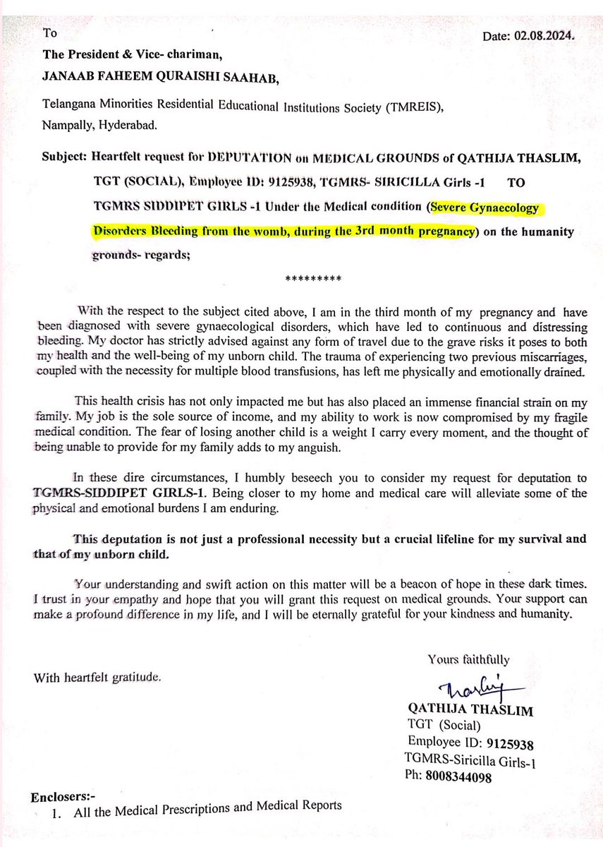 inkesaf's tweet photo. Assalamualaikum Sir, Heartfelt request for Deputation on Medical Grounds of QATHIJA THASLIM, TGT (SOCIAL) Employee ID: 9125938, TGMRS- SIRICILLA Girls -1 to TGMRS SIDDIPET GIRLS -1 (Severe Gynaecology Disorders in the womb bleeding during the 3rd month pregnancy @OfficeFaheemINC https://t.co/mGKcTFJDkB