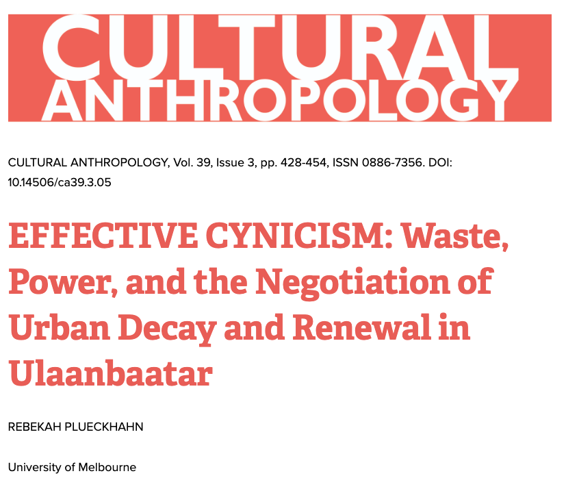 Society for Cultural Anthropology (@culanth) on Twitter photo In this article, <a href="/RPlueckhahn/">Rebekah Plueckhahn</a> shows how cynical reflections of residents of a dilapidated housing in Ulaanbaatar, Mongolia, assist their efforts to decipher & mobilize state authority.
journal.culanth.org/index.php/ca/a… In this article, <a href="/RPlueckhahn/">Rebekah Plueckhahn</a> shows how cynical reflections of residents of a dilapidated housing in Ulaanbaatar, Mongolia, assist their efforts to decipher & mobilize state authority.
journal.culanth.org/index.php/ca/a…