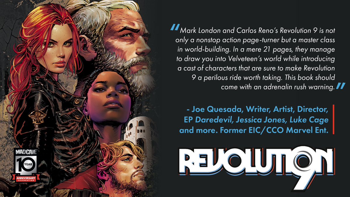 Still undecided about ordering Revolution 9? The creators have read it, and check out what they had to say. Thanks to <a href="/JoeQuesada/">Joe Quesada</a> for the kind words and <a href="/urbanbarbarian/">Dan Panosian</a> for that 🤩 cover. FOC (final order cut off) 8.26.2024 <a href="/MadCaveStudios/">Mad Cave Studios</a>, <a href="/CarlosReno/">Carlos Reno</a>, <a href="/jaocanola/">Jão Canola</a>, <a href="/daveLsharpe/">dave sharpe</a>,