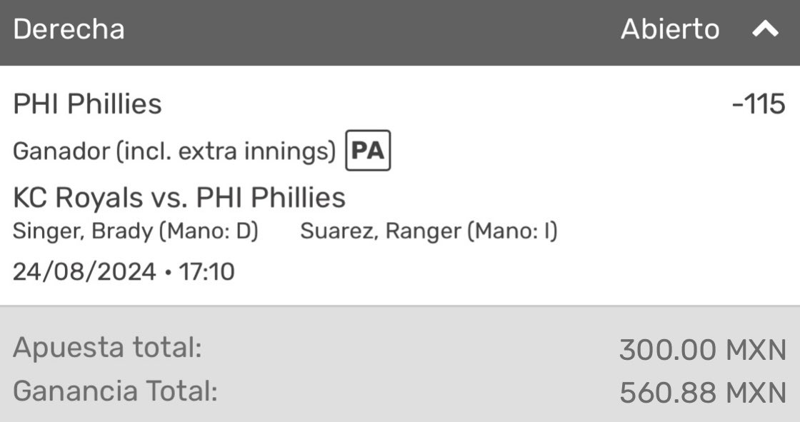 #MLB🇺🇸
🗓️Sábado 24/Agosto
1U = 💰$300

🔸Boston ML [-120] (1u)
🔸Phillies ML [-115] (1u)