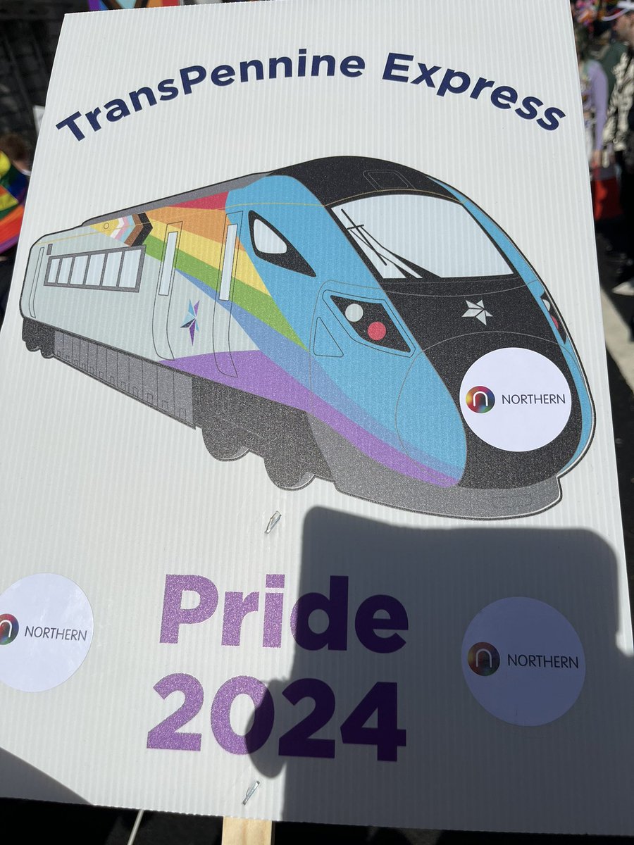 RobConductor's tweet photo. Forgot my @northernassist banner for Manchester pride today, but my friends at @TPExpressTrains lent me one of their’s, I think I made it work 🏳️‍🌈🏳️‍⚧️🏳️‍🌈🏳️‍⚧️ https://t.co/WDeJhkJUNu