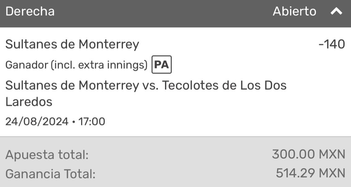 #LMB🇲🇽
🗓️Sábado 24/Agosto
1U = 💰$300

🔸Sultanes ML [-140] (1u)
