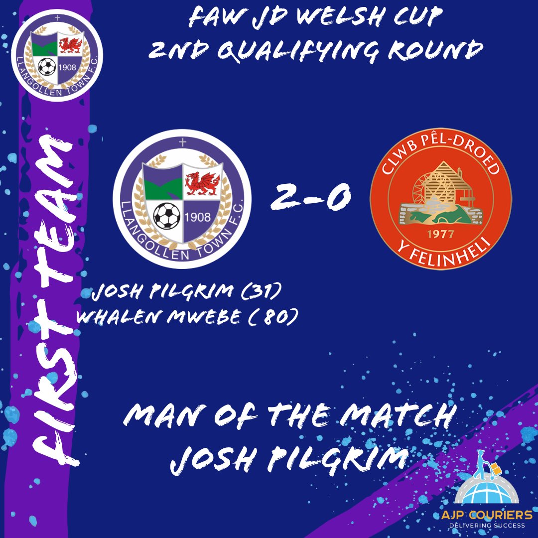 The Town qualified for the JD Welsh Cup today following a 2-0 win over fellow Tier 3 side <a href="/CPDYFelin1977/">CPD Y Felinheli</a> 

Goal scorers

Josh Pilgrim (Cottage, Cream ‘n’ Candy)
Whalen Mwebe - (Patrick Whelan Snooker)

Man of the Match

Josh Pilgrim (Cottage, Cream ‘n’ Candy)