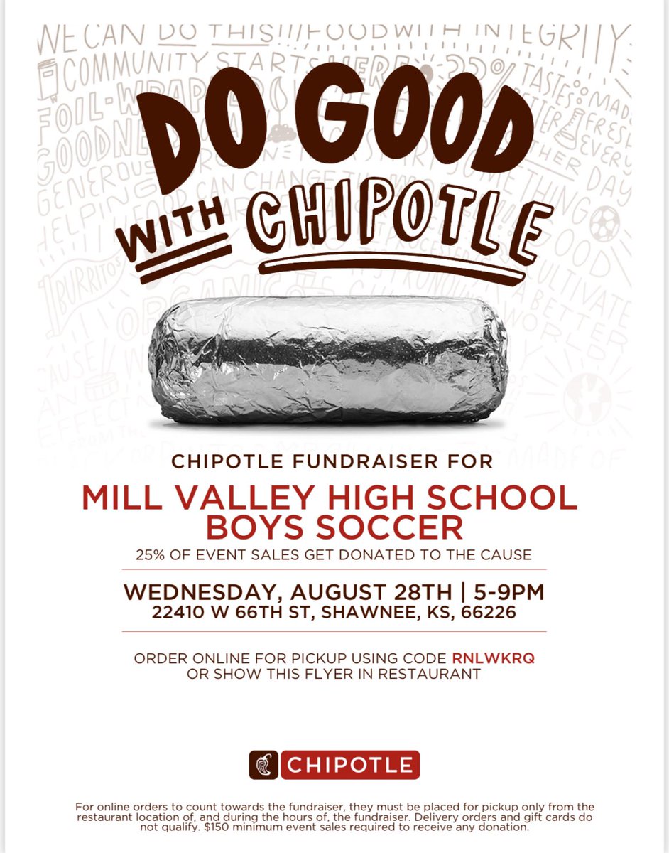 Midweek dinner plans are covered. Get out to Chipotle and support MV soccer by mentioning us in person or using the code
RNLWKRQ on your online order. Thanks Jags! #JagFam #DinnerCovered <a href="/mvjaguars/">mvjaguars</a> 
🗓 : Wednesday, August 28th
⏰ : 5-9pm
🏟 : Chipotle, 22410 W 66th St, Shawnee