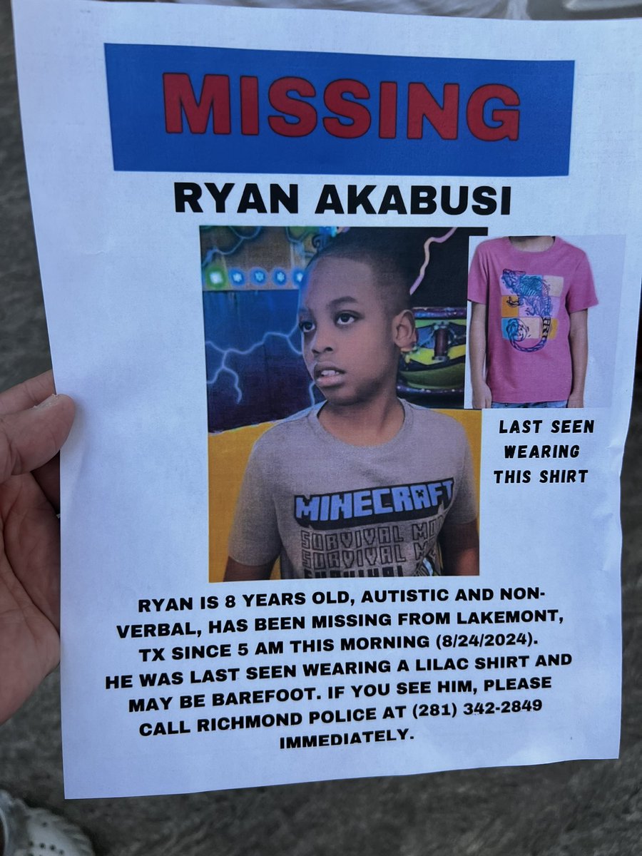 Mario Díaz (@kprc2mario) on Twitter photo This little 8-year-old boy is missing in Richmond near the Westpark Tollway.. his mother tells me he is non-verbal.. he responds to his name, just say “Ryan” she tells me.. she wants him home desperately.. <a href="/KPRC2/">KPRC 2 Houston</a> This little 8-year-old boy is missing in Richmond near the Westpark Tollway.. his mother tells me he is non-verbal.. he responds to his name, just say “Ryan” she tells me.. she wants him home desperately.. <a href="/KPRC2/">KPRC 2 Houston</a>