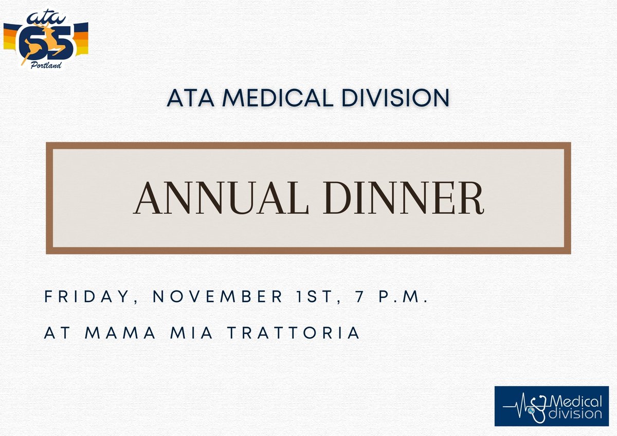 ATA_MedicalDiv's tweet photo. The Medical Division is excited to announce its 2024 Annual Dinner at the ATA65 Conference! 🤩

🗓 Friday, November 1st, 2024
🕖 7:00p.m.–9:00p.m.
📍 Mama Mia Trattoria
💳 $67.00 per person

Our dinner space is limited to 25 guests.

🔗 https://t.co/zWGW2yZ1Ew https://t.co/AF7yMF9OLj