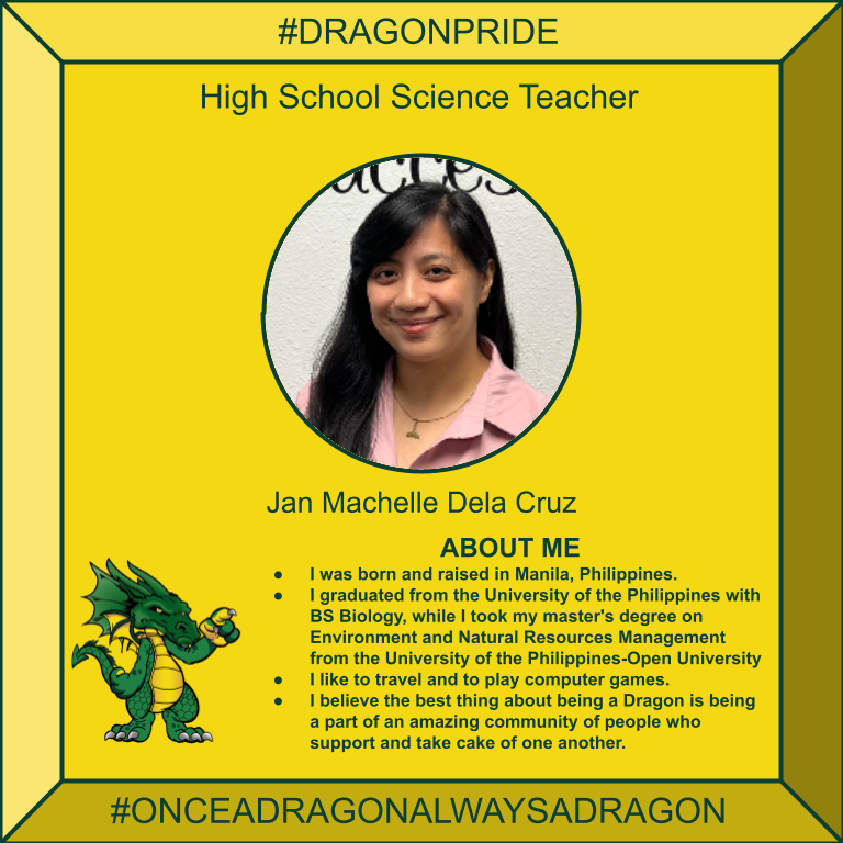 HolyokeRe1J's tweet image. We are #gettingtoknow our new staff members. This is Mrs. Jan Machelle Dela Cruz, a High School Science Teacher. Welcome!