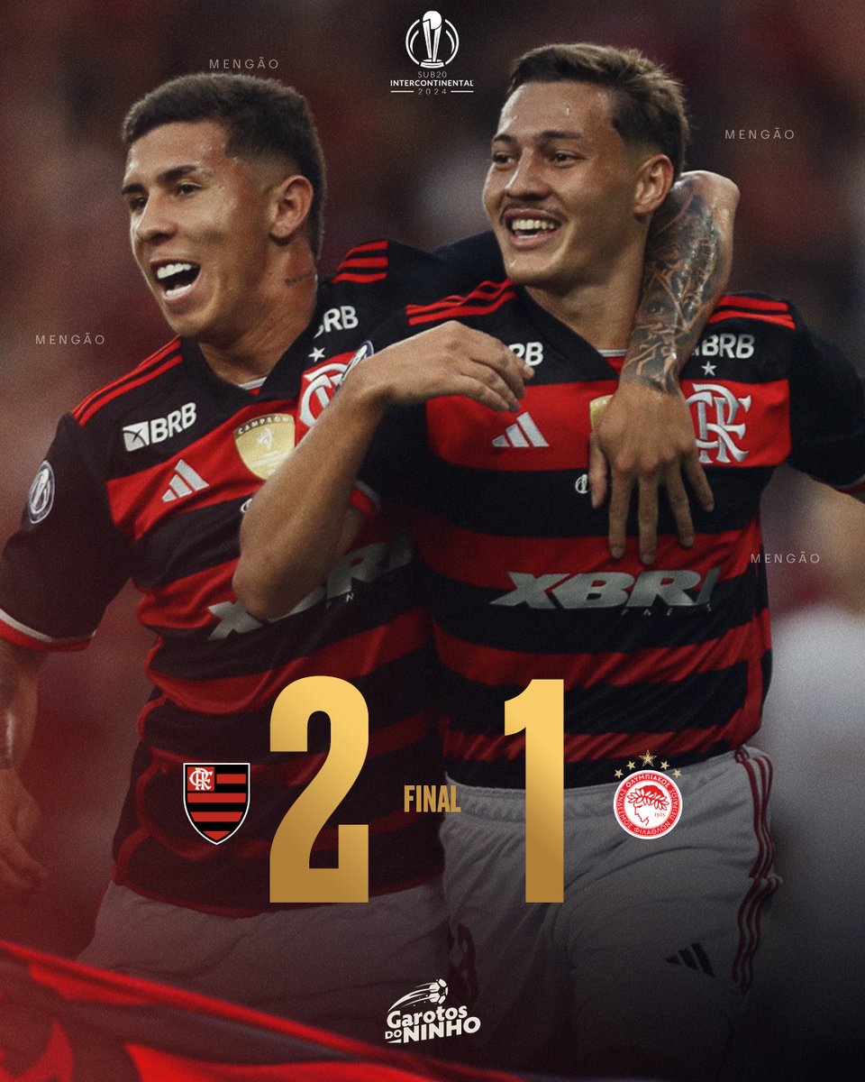 FIMMMMMMMMMMMMMMMM DE JOGO NO MARACA! O MENGÃO VENCE O OLYMPIACOS (GRE), DE VIRADA, POR 2 A 1 COM GOLS DE CAIO GARCIA E FELIPE TERESA, E CONQUISTA O MUNDIAL SUB-20! É O MENGOOOOOOOOOOOOOOOOOO! VALEU DEMAIS, MEUS #GAROTOSDONINHO! 

#CRF #VamosFlamengo