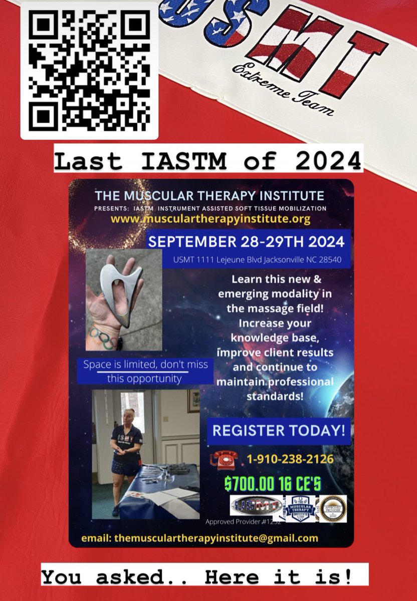 The next IASTM class being offered in 2024.. registration is on the website 
Musculartherapyinstitute.org