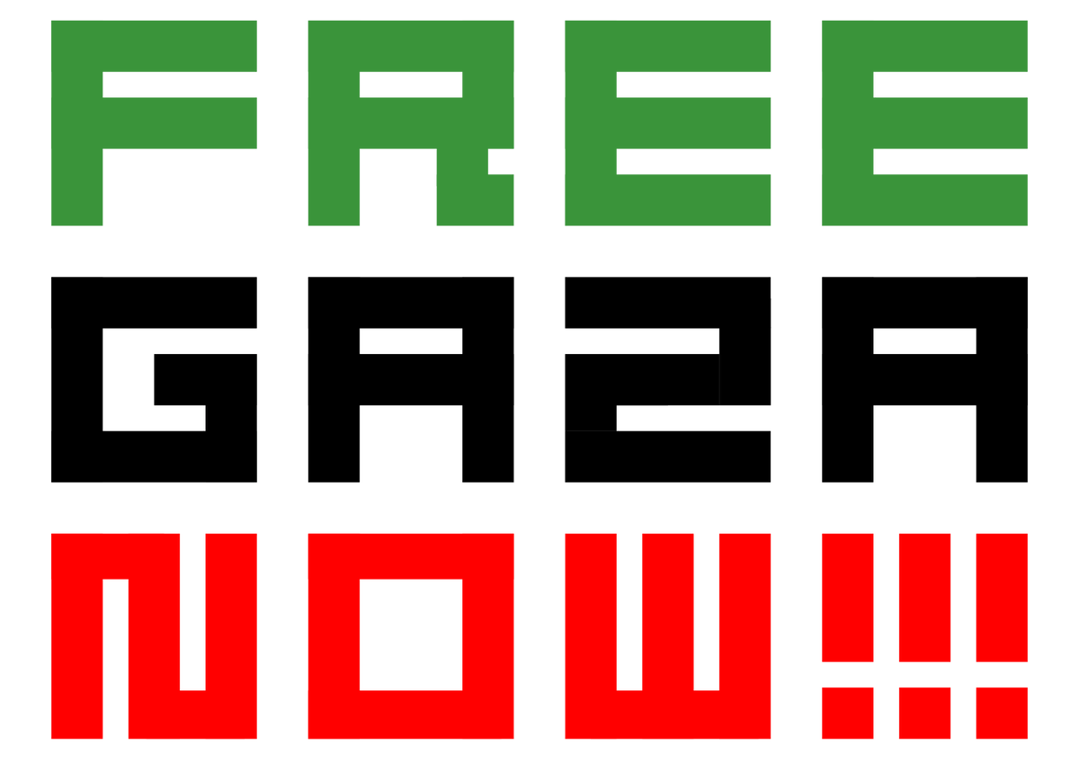 _natsukik's tweet image. 新しいデザインアプリを試してたらこんな #FreeGazaNow プラカ／バナーができました。ご自由にお使いください。（これは白背景版） drive.google.com/drive/folders/…
#FreeGaza #AffinityDesigner