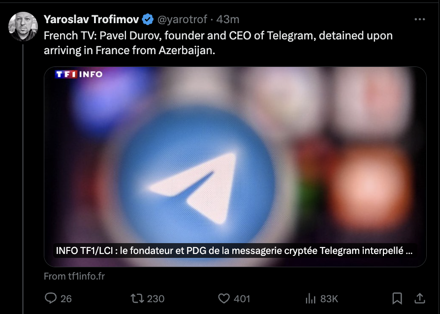the french arrested the ceo of telegram for not leaking user chats

weeks after the british started arresting people for saying potentially mean things on the internet

we're up against the nastiest of bureaucrats who have zero respect for individuals

crypto must win