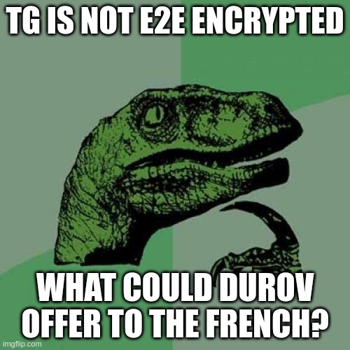 LefterisJP's tweet image. I would like to remind everyone that Telegram IS NOT e2e encrypted by default and needs a specific setup per chat to be so.

Which for the majority of you means all your convos are on Durov's servers.

And now he is arrested in France. You do the math.