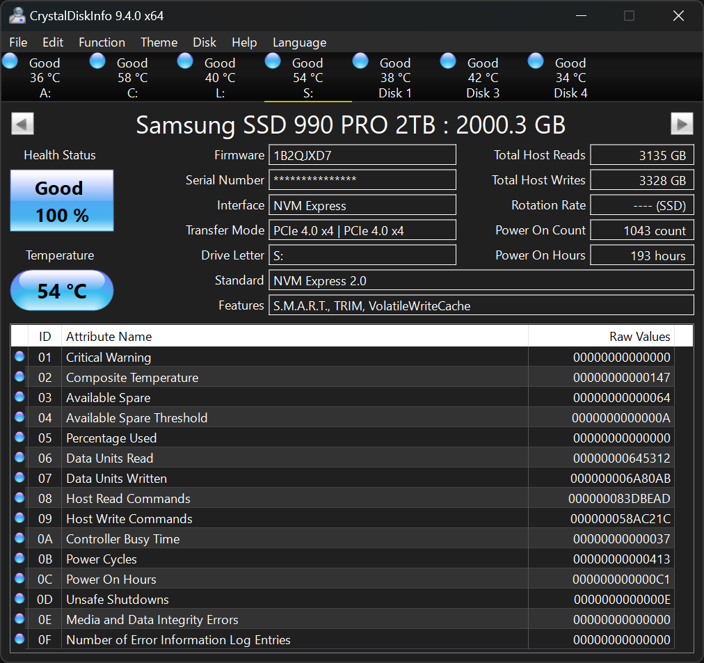 CrystalDiskInfo 9.4.0 Release!
crystalmark.info

- Added Dark Mode Menu support
- Added Realtek 9220DP support
- Improved JMicron JMS586 support (Beta) / Model name 40 charcters support (Alpha)