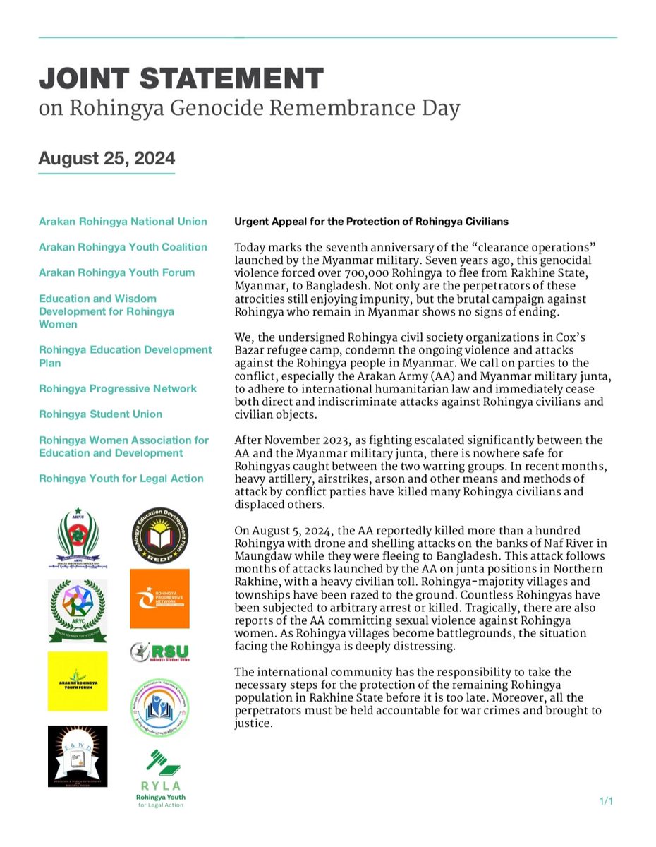 arnu_org's tweet photo. JOINT STATEMENT on Rohingya Genocide Remembrance Day
August 25, 2024

#25thAugust
#GenocideRemembraceDay https://t.co/pvkmlTxjYc