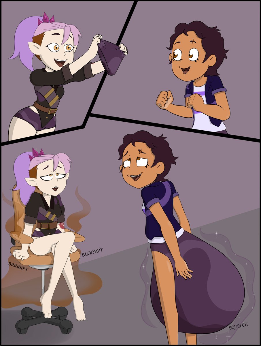 I had a great anonymous commission. 
Amity creating enchanted extra stretching panties. 
Luz gladly tests out Amity's inventions. 
#commission #messy