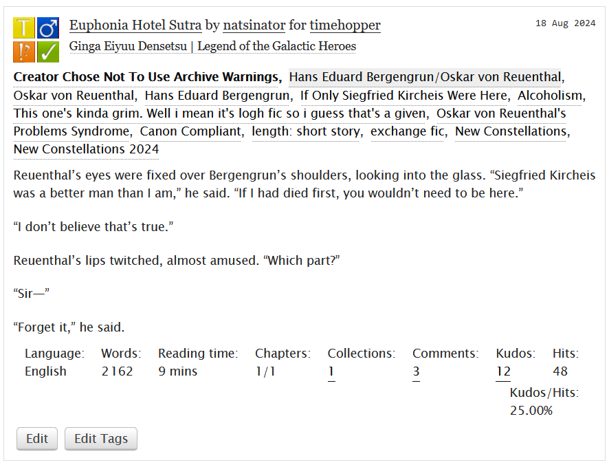 natsinator's tweet photo. I wrote a fic for @tim3hopp3r for the LOGH Rarepairs Exchange! Check it out :]

Euphonia Hotel Sutra - a Reuenthal/Bergengrun fic, set during Reuenthal's Rebellion. 2k words, rated T.

https://t.co/rHmoLuG6Wc https://t.co/Av1o8qnC78