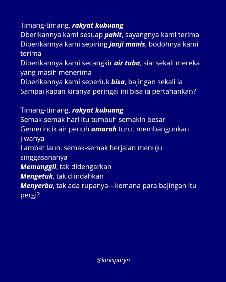 Timang-timang, anakku sayang....
Timang-timang, rakyat kubuang....
 
#KawalPutusanMK 
#MenjagaPutusanMK
#TolakPilkadaAkal2an
#TolakPolitikDinasti
#PeringatanDarurat
#IndonesiaEmergencyDemocracy