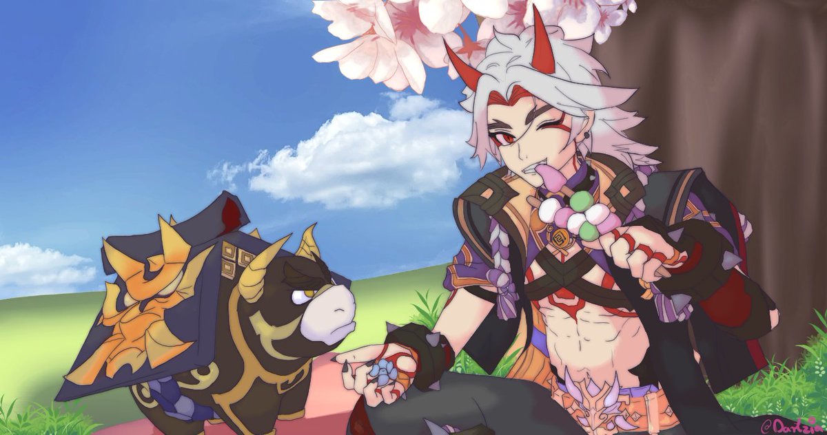 Soooo Urlaubszeit~♡
Und endlich Zeit meine angefangenen Projekte fertig zu zeichnen.

Finished one: Itto and Ushi having sweets together

ko-fi.com/dartzia 
#Genshinlmpact #Aratakiitto #fanart #digitalart #dango #oni