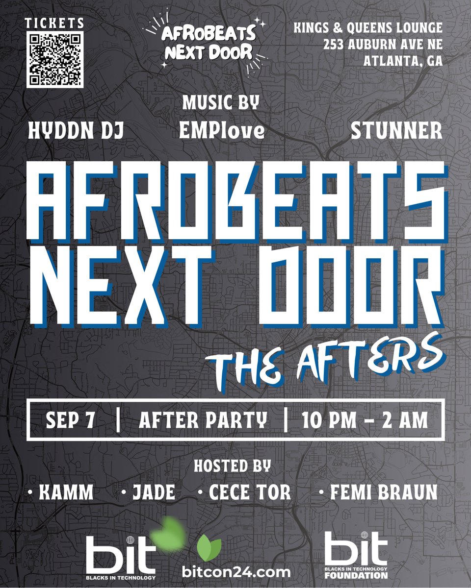 afronextdoor's tweet photo. Join us in Atlanta on Saturday, September 7th for the ultimate Afrobeat Brunch &amp; After Party during Blacks In Technology Conference (BITCON) Weekend.

#Atlanta #Tech #Founder #Afrobeat #Invest 

https://t.co/e7rYhKwQoQ https://t.co/AUSPsrldFc