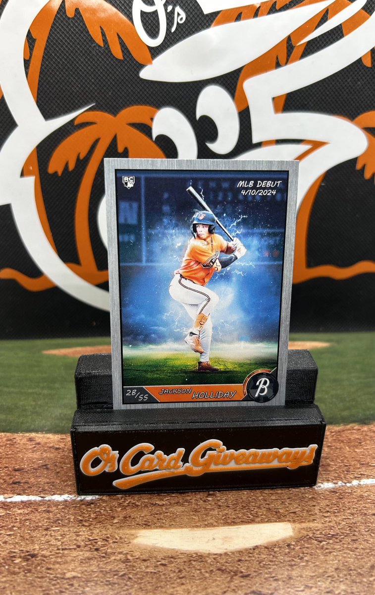 OsCardGiveAways's tweet photo. ORIOLES WIN!!! Like retweet and follow! I’ll select one lucky winner to receive this custom Jackson Holliday card (made by @BirdforLife49 ). Winner selected tomorrow during the game. #Birdland https://t.co/7wxJ5gwEja