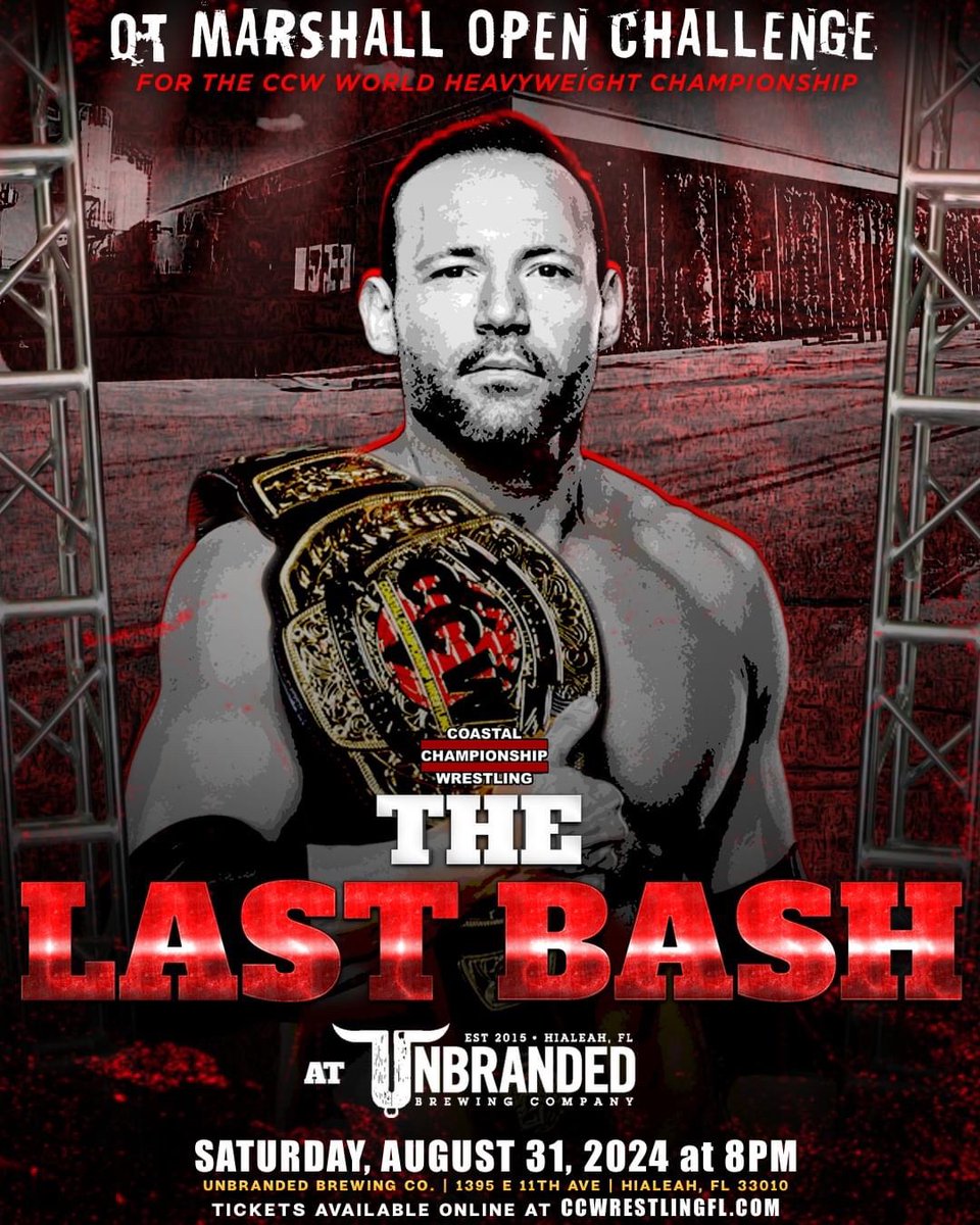 CCWAliveTV's tweet photo. .@QTMarshall makes his return to CCW in ONE WEEK at #TheLastBash.
Who will step up and challenge QT for the World Heavyweight Championship? 🤔
BASH AT THE BREW 44
@UnbrandedBrew
#Hialeah, FL
8PM start
Tickets are ON SALE NOW:
https://t.co/9MiqHHuG5Z https://t.co/Nl26eO0pKp