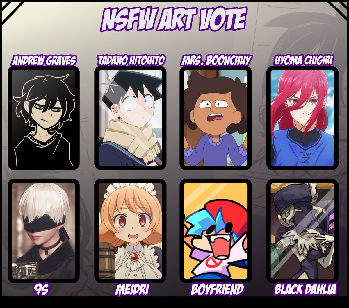 Lordfink's tweet photo. - Voting Poll in the Comments -
I've included some characters that I receive from suggestions, there's a very long list here... so don't worry your characters appear in the future https://t.co/qQoR0O1iBj