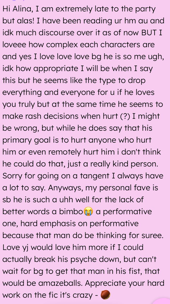 vixengyu's tweet photo. #alinasks Hi Alina, I am extremely late to the party but alas! I have been reading ur hm au and idk much discourse over it as of now … — hi!!! tbh yes thats accurate bc hmbg is VERYYYYYYY bpd coded… so when he likes u.. u become a favorite person of so… https://t.co/D2gtcVQHQQ https://t.co/5Ym9vGhny9