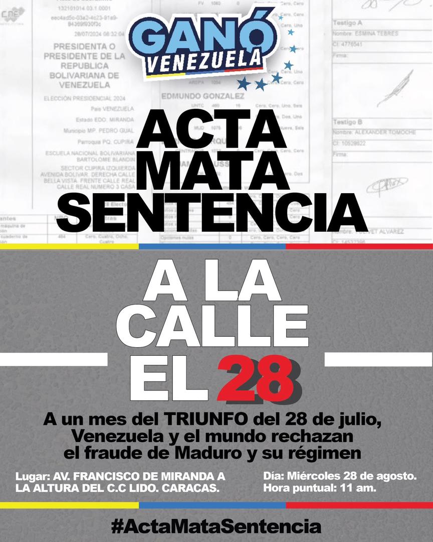 unidadvenezuela's tweet photo. ¡Acta mata sentencia! 

Por eso, cuando se cumple un mes de nuestra gloriosa victoria, en la cual Edmundo González fue electo presidente, los venezolanos nos encontramos nuevamente en la calle. 

Este 28 de agosto; en familia, con tus hijos, con tus nietos y con tu acta en mano, ratificamos que #ActaMataSentencia.