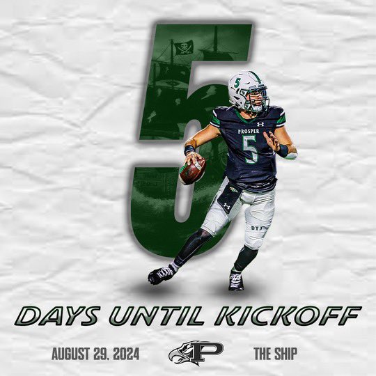ProsperEaglesFB's tweet photo. 5 Days until kickoff! Pictured is class of 21 grad &amp; @SUUFB_ QB who ranks as one of the best from #TheShip  @jacksonberryyyy 

📸SPECIAL EDTION📸  A man who needs no introduction! An absolute blessing to @ProsperHS &amp; CAPTAIN of #TheShip Mr. #TheOverMe  @Coach_Moore5 🦅🏴‍☠️🟢 https://t.co/8PN5nyDhcQ