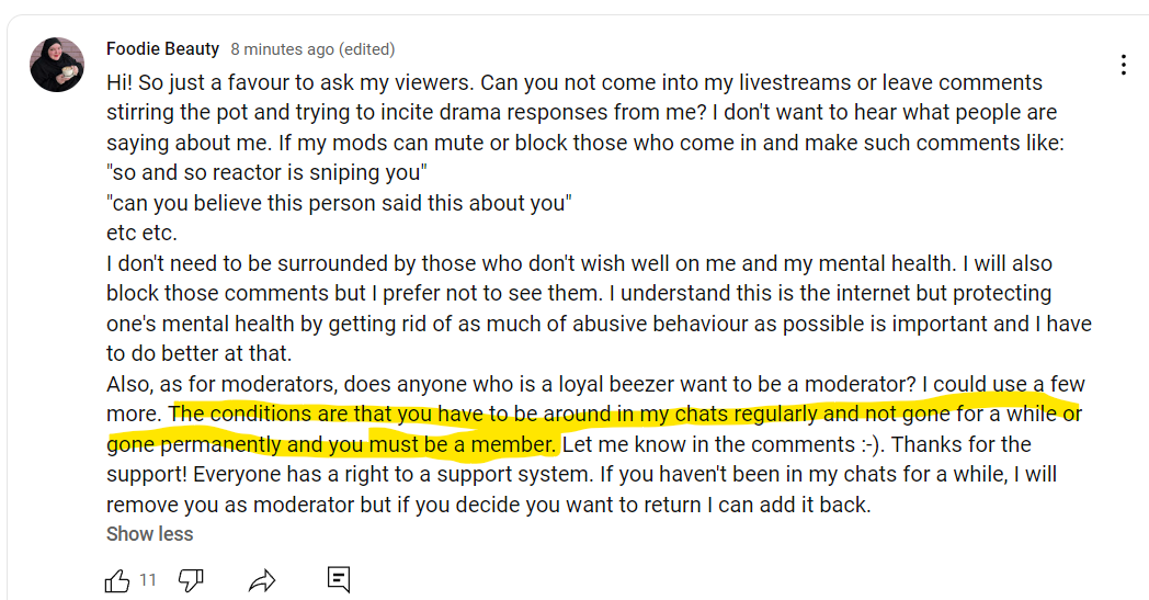 GalCanuck's tweet photo. @TeamYouTube Isn't it against TOS to 'sell' being a mod on a channel? This creator is saying to be a moderator, you MUST be a paying member. It has been reported. https://t.co/zI0dNXocW1 https://t.co/IVquvtwgKq