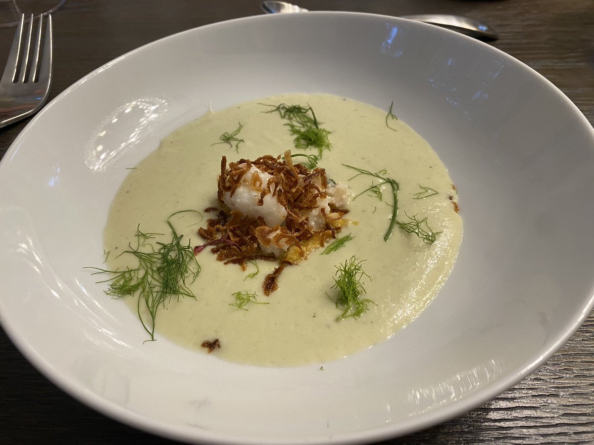AFreedman39's tweet photo. Langostino and white gazpacho with fried shallots.  The langostino hated the sous vide but @CraftTheCook showed those bastards who’s the boss! #fournierdinnerparty  #tonydanza https://t.co/QZ5mm4UtkA