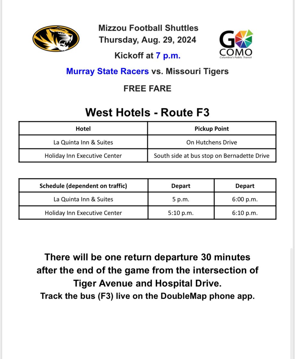 Planning on coming to the game on Thursday and don’t have parking? Check this FREE parking option offered by <a href="/GoCOMOTransit/">GoCOMO</a>.  Check out other options from local hotels also.
<a href="/MizzouAthletics/">Mizzou Athletics</a>