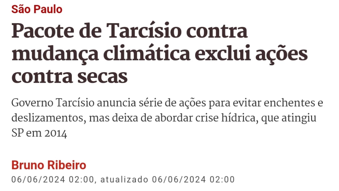 O "pacote" do Tarcísio contra as mudanças climáticas simplesmente EXCLUIU AÇÕES CONTRA SECAS. 

O resultado tá ao nosso redor: recorde de incêndios em 20 anos e mais de dois mil focos de incêndio nas últimas 48 horas. Desastre.