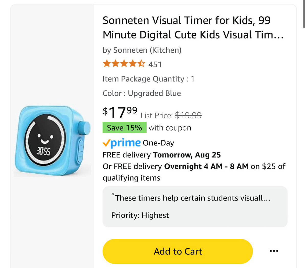<a href="/kaydethequeen/">🦋Ms. Langer 🦋</a> Thanks for letting me share! I’m a 1st grade teacher in Colorado! I have a student who would really benefit from this visual timer! That way he can see how long he can work until different transitions. #clearthelist  #JohnClearMyList amazon.com/hz/wishlist/ls…