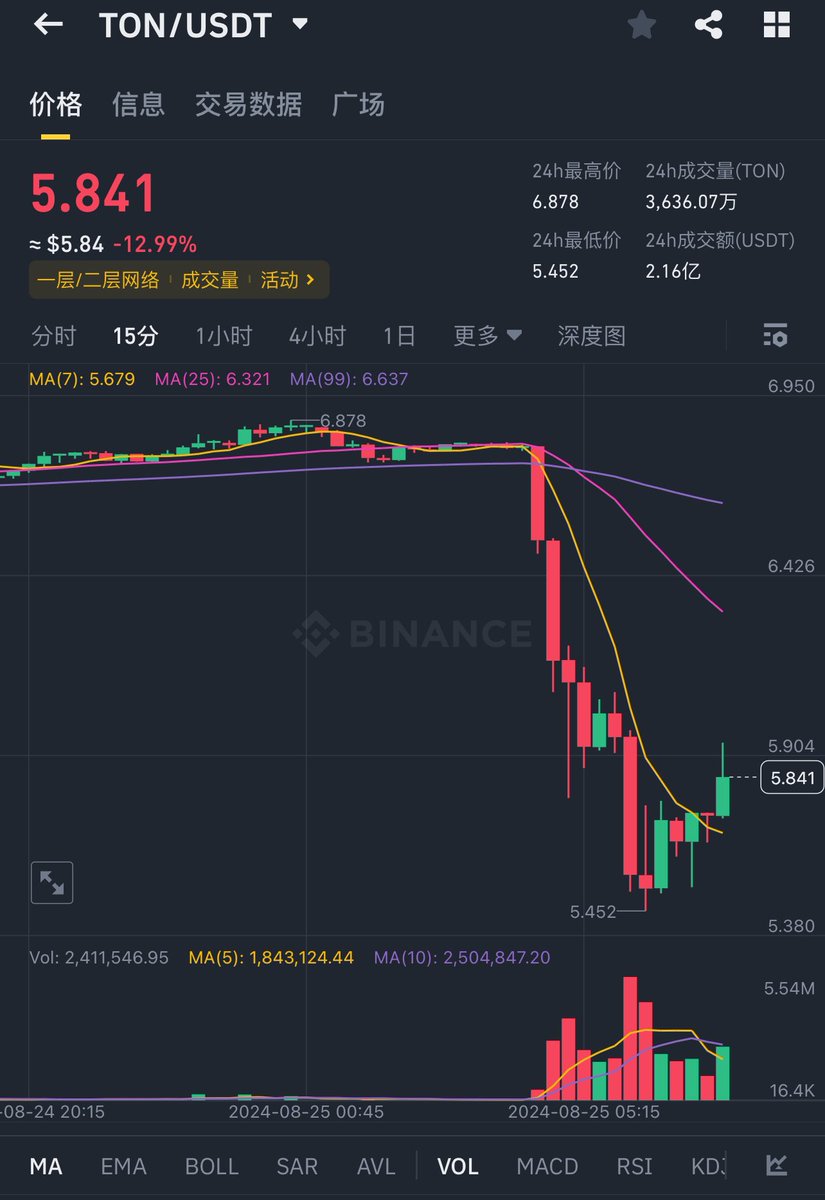 TON创始人、Telegram创始人在帕维尔·杜罗夫在法国被警方逮捕，导致$ton 价格暴跌。