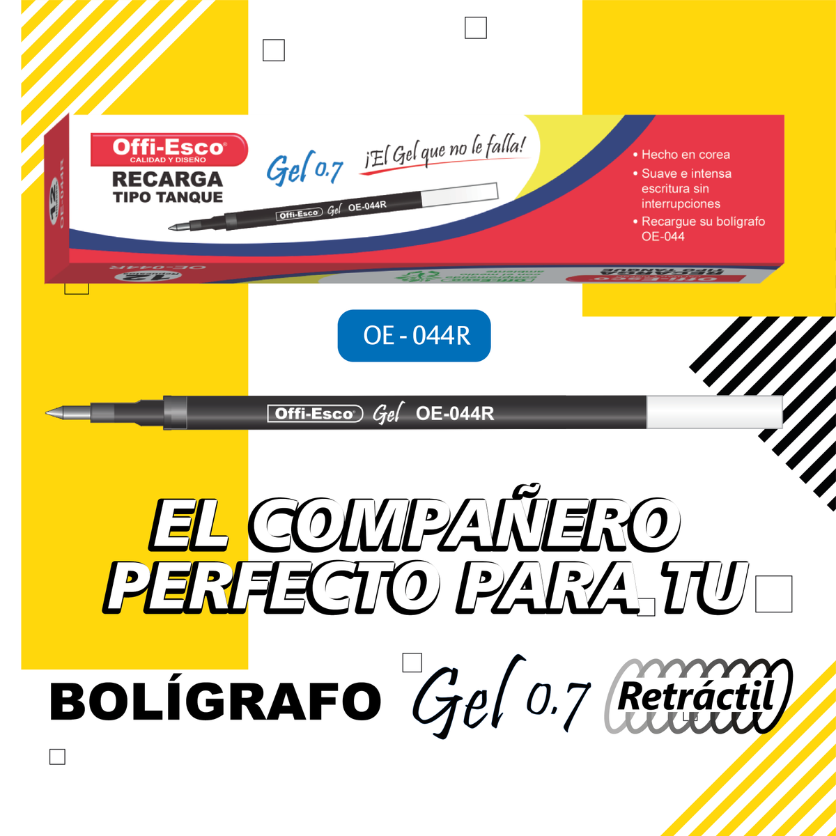 OffiEsco's tweet image. Escritura #fluida y sin interrupciones. 🖊️ El bolígrafo gel 0.7 retráctil de Offi-Esco combina un avanzado diseño con tinta de secado inmediato, ofreciéndote #comodidad y precisión en cada trazo. ¡Cambia el #repuesto fácilmente y sigue #escribiendo sin límites! #OffiEsco