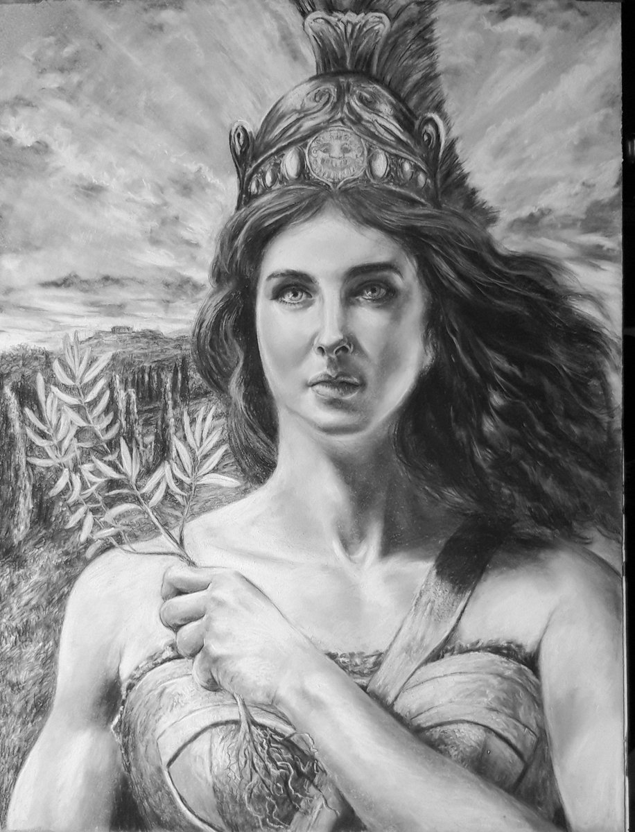 Athena holds the olive sapling as a gift for all of Greece 
Charcoal and chalk drawing
87cm x57cm 
copyright2024gordonmscott