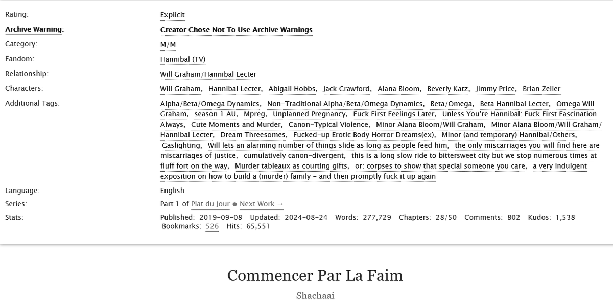 shachaai's tweet photo. Commencer Par La Faim
Chapter 28: brunoise
🦌Will uses his night hours for anything other than restful sleep.  Hannibal and Alana continue lending their assistance to the BAU for the case featuring the Lost Boys.

https://t.co/zusrqG8emR https://t.co/lv2s9ikm5C
