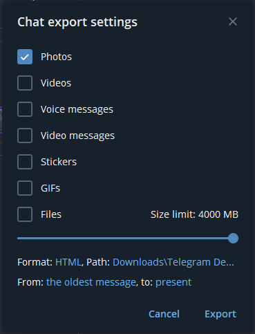 ibamarief's tweet photo. Cara backup Saved Messages Telegram: buka Telegram Desktop app, klik menu kanan atas, export chat history, terus pilih apa saja yang mau kita backup. https://t.co/u7ws400kWb