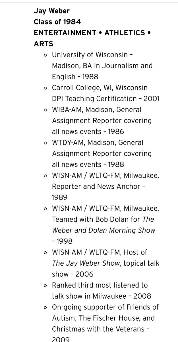waukeshaparent's tweet photo. Turns out Jay Weber (@JayWeber3) is in the @kmhighschool hall of fame in Wales WI. They even use his image to promote their hall of fame. Take a look at his qualifications…the GALL of this guy to claim to be a supporter of “Friends of Autism” and then to attack Gus this week. https://t.co/2ysoO0qz6p