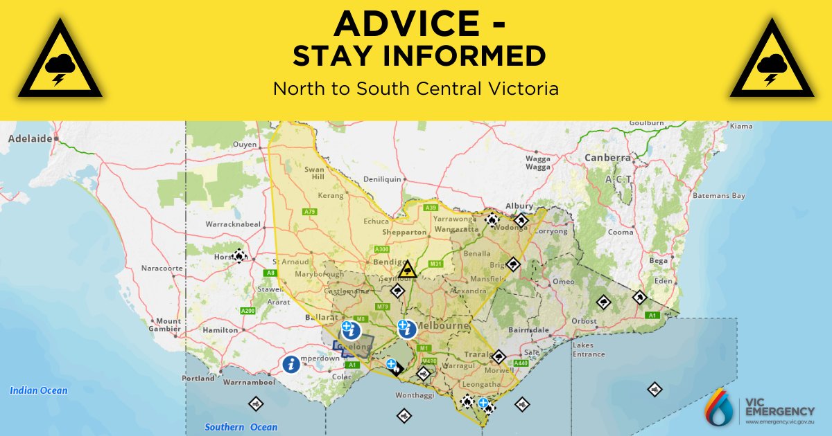 The Bureau of Meteorology has forecast possible Severe Thunderstorms for the majority of Victoria. 

Damaging and destructive winds and large hail is possible.

You should stay informed by listening to emergency broadcasters and monitoring warnings.