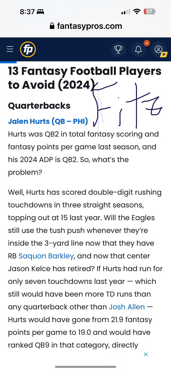 RGack's tweet photo. @FantasyPros @Fitz_FF @DBro_FFB @AndrewErickson_ @JoePisapia17 @RyanWarmly @IsItTheWelsh @thewonkypenguin come-on @Fitz_FF  I think you Crazy!  
you lost your mojo! https://t.co/mgZkqY77Kr