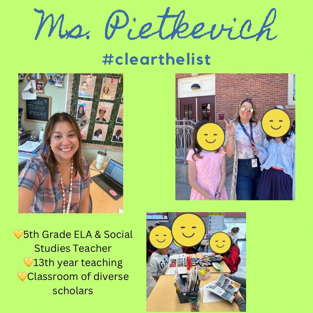 <a href="/kaydethequeen/">🦋Ms. Langer 🦋</a> 5th grade teacher from CT here! My 🏦 can’t fully support the books, supplies, and snacks for my students. Thank you for considering helping my classroom!

#clearthelist 

 amazon.com/hz/wishlist/ls…