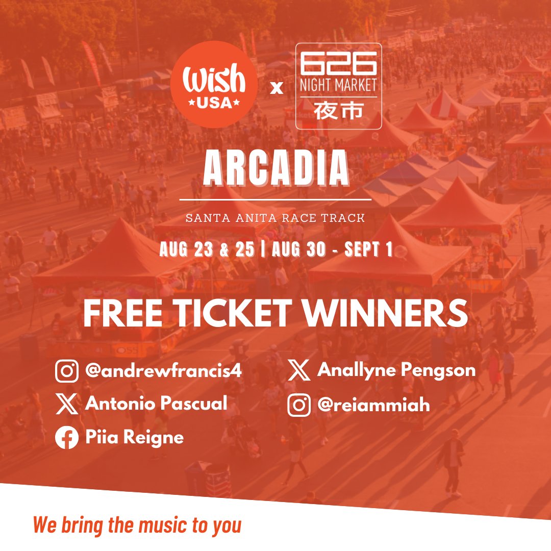 wishusaofficial's tweet photo. Here are our 5 lucky winners who snagged a pair of tickets each! Please check your emails for the tickets!
Thank you to everyone who participated by resharing on X, Facebook, and Instagram. Your support means a lot to us! π§‘
#626NightMarket #ConcertFun #Arcadia #Winners https://t.co/DH3TAxJV0j