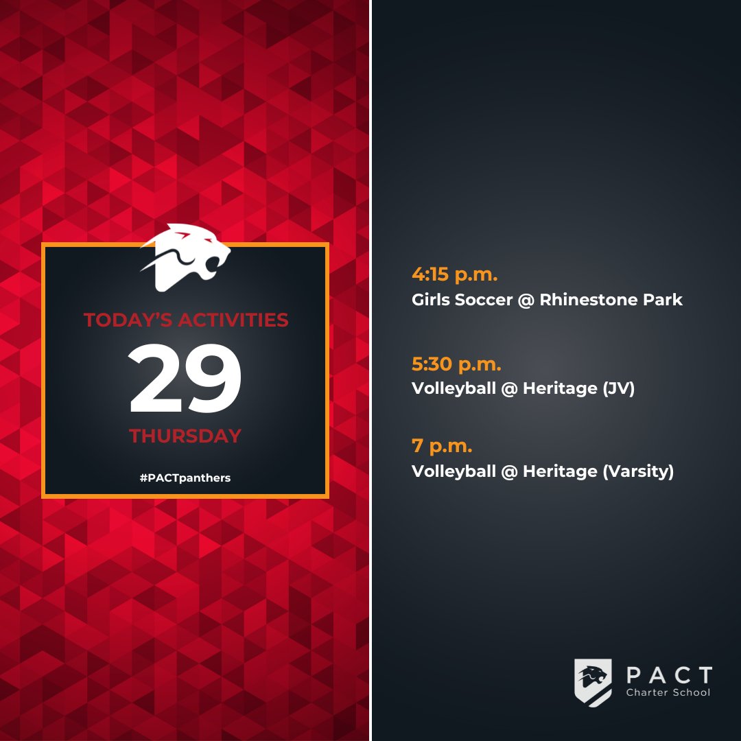 🎉 It’s Panther Game Night! ⚽️🏐 Our girls' soccer and volleyball teams are ready to bring the heat tonight! 🐾🔥 Let’s pack the stands, bring the Panther spirit, and cheer them on to victory! 🔴⚫ See you there, Panther fans!
#PACTpride #PACTpanthers