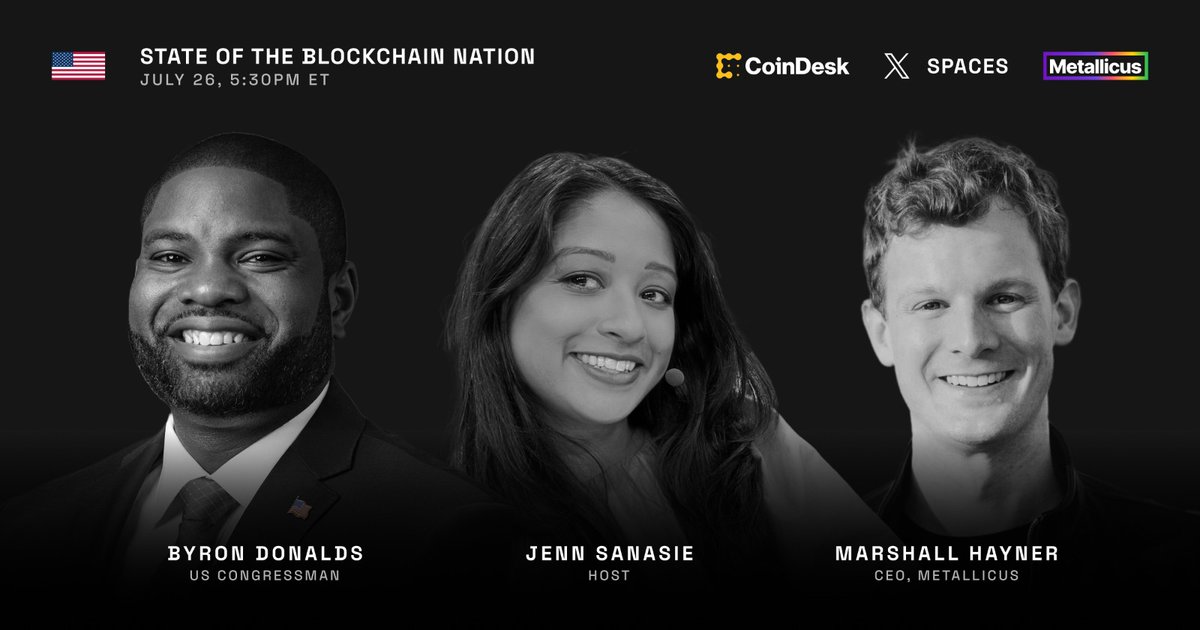 🗓️ Mark your calendars.

Join us on Monday at 5:30 p.m. ET for a live X Spaces with <a href="/ByronDonalds/">Byron Donalds</a>, <a href="/MetallicusTDBN/">Metallicus</a> CEO <a href="/MarshallHayner/">Marshall Hayner</a> and moderator <a href="/JennSanasie/">Jenn 3.0✨</a>. 

We'll dive deep into the "State of the Blockchain Nation."

Turn on your notifications so you don't miss out.