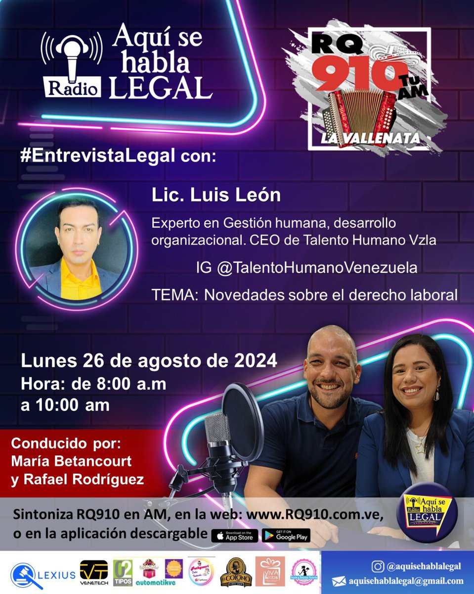 Regresamos este 26 de agosto a nuestra casa #LaVallenata @rq910AmCenter en #AquiSeHablaLegalRadio con una tremenda #EntrevistaLegal pues estaremos conversando con el Lic Luis Leon, quien es el CEO Talento Humano Venezuela @talentohumanovenezuela y con quien podremos conversar