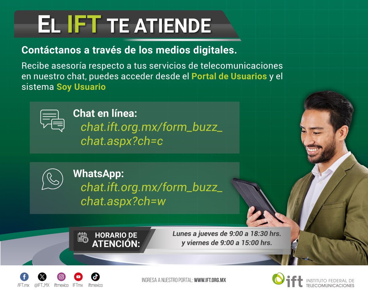¿Estabas en una videollamada🗣💻 importante y tu proveedor📡 te dejó sin internet🙅?

Estás a un #WhatsApp de resolver el problema…🙋
En #SoyUsuario podemos asesorarte para registrar tu inconformidad🕺💃🙌.
👉 chat.ift.org.mx/form_buzz_chat… 
El #IFTteAyuda